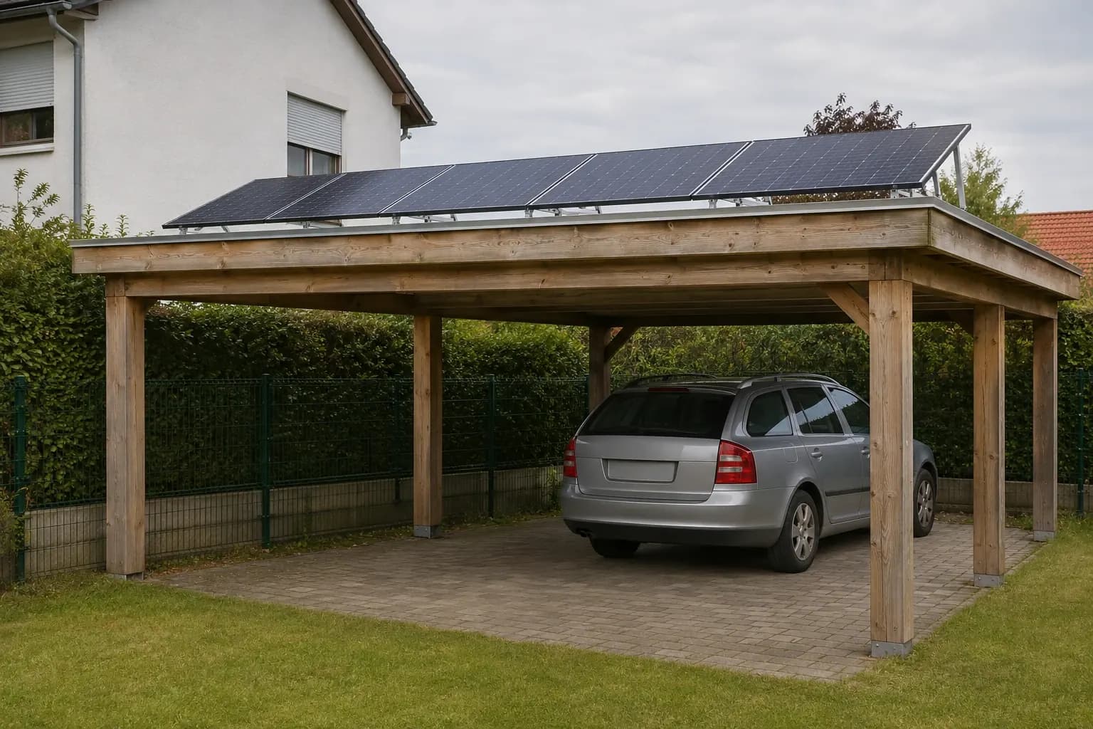 Doppelcarport aus Holz an der Grundstücksgrenze, das Flachdach trägt aufgeständerte Photovoltaikmodule