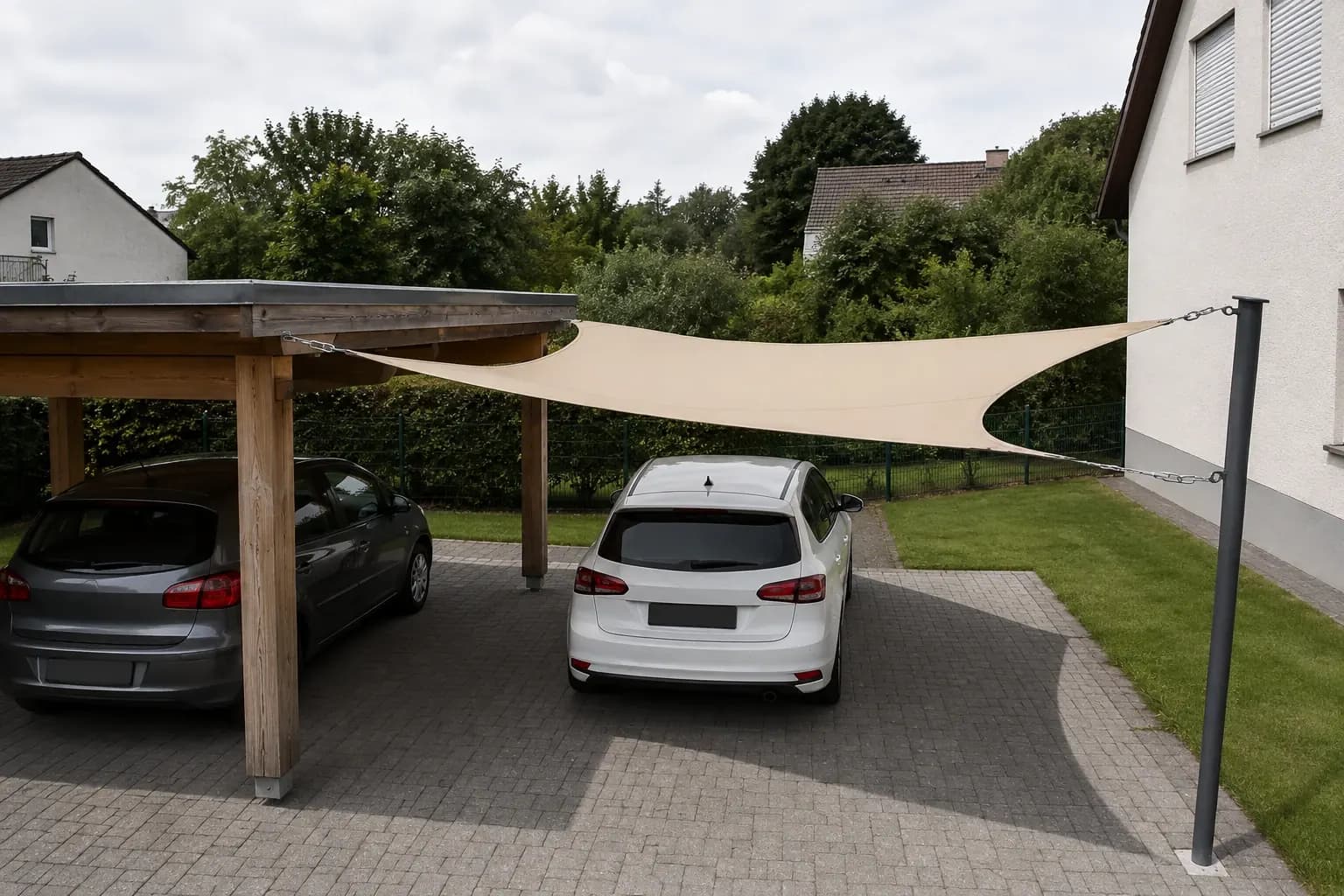 Sonnensegel spannt sich vom Carportdach über einen zweiten, daneben geparkten Wagen